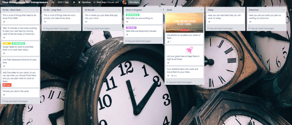 Trello board with clocks as a background and lists with cards